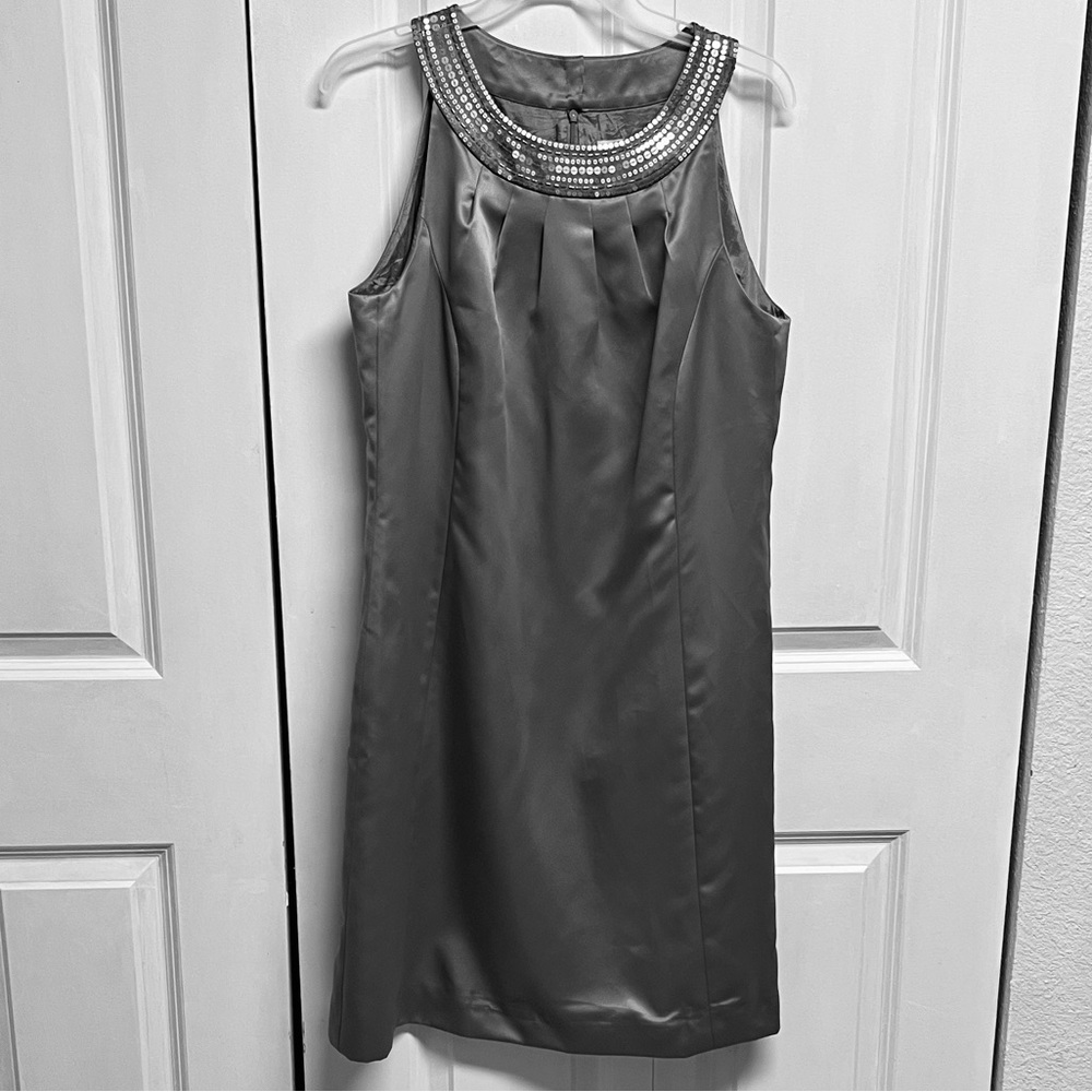 LOFT Silver Sleeveless Pencil Dress with Sequin Neckline Size 10